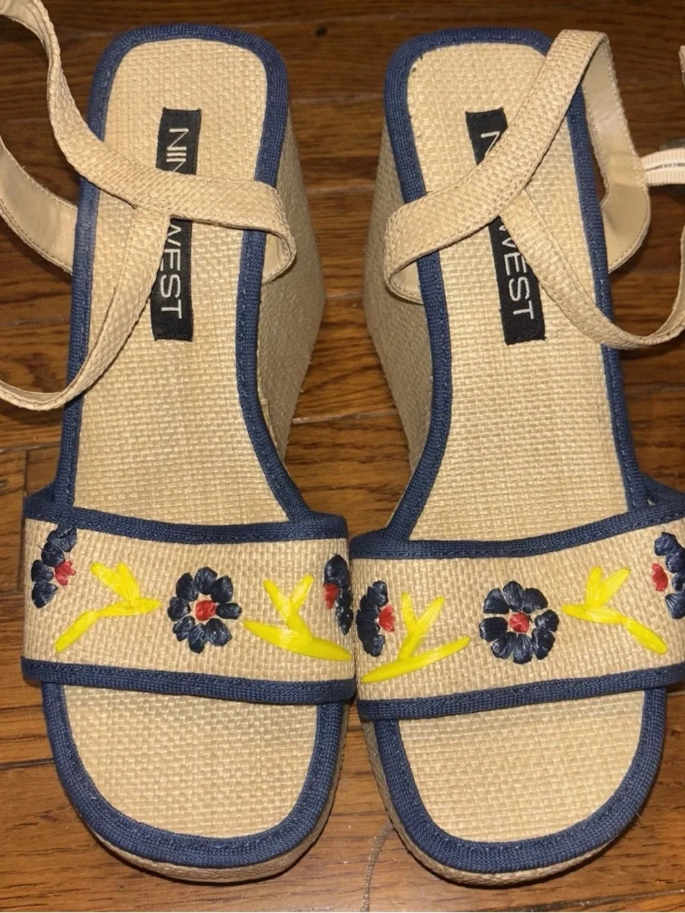 Vintage Y2K Nine West Woven Embroidered Blue Yellow Flower Platform Wedge Sandal